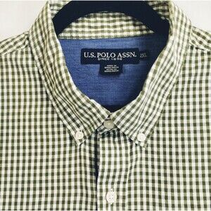 Preppy Green White Gingham Check Shirt Men's 2XL Long Sleeve Button Down Collar